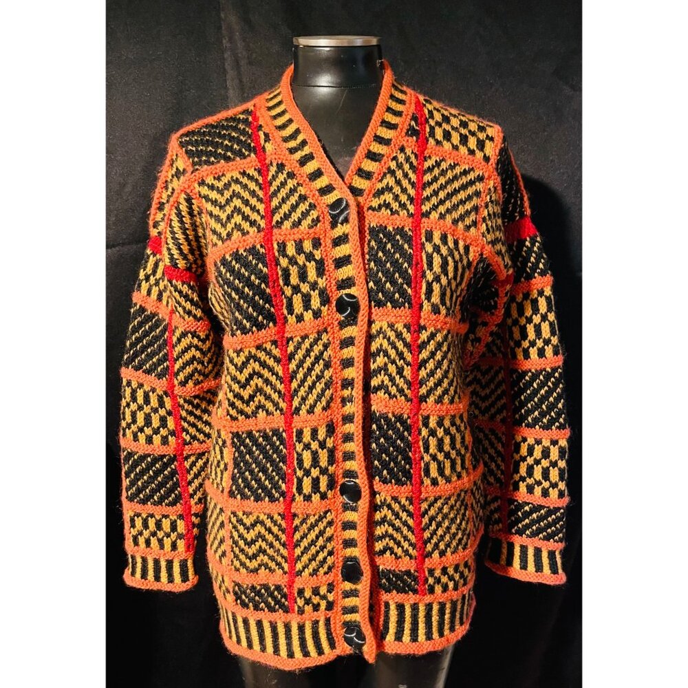 Vintage 80s/90s Fall Patchwork Pattern Knit Cardigan Size Medium